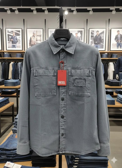 DIESEL || Men’s D-SL Overshirt – Vintage-Wash Denim Button-Down with Distressed Patch Detail