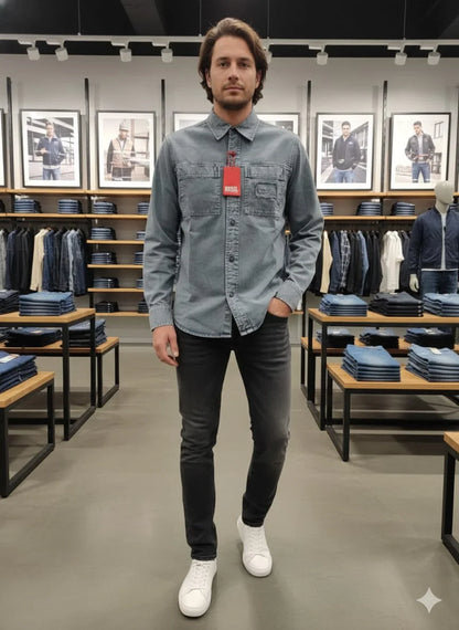 DIESEL || Men’s D-SL Overshirt – Vintage-Wash Denim Button-Down with Distressed Patch Detail