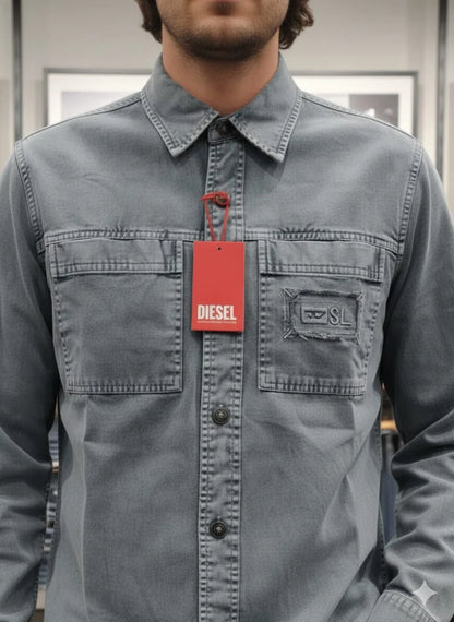 DIESEL || Men’s D-SL Overshirt – Vintage-Wash Denim Button-Down with Distressed Patch Detail