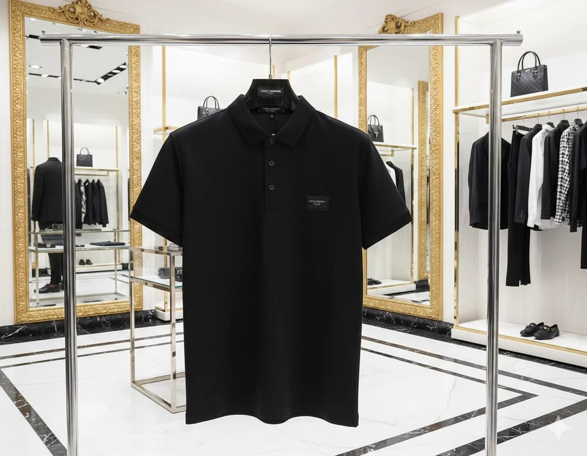 DOLCE & GABBANA || Men's Black Piqué Polo Shirt with Signature Logo Patch