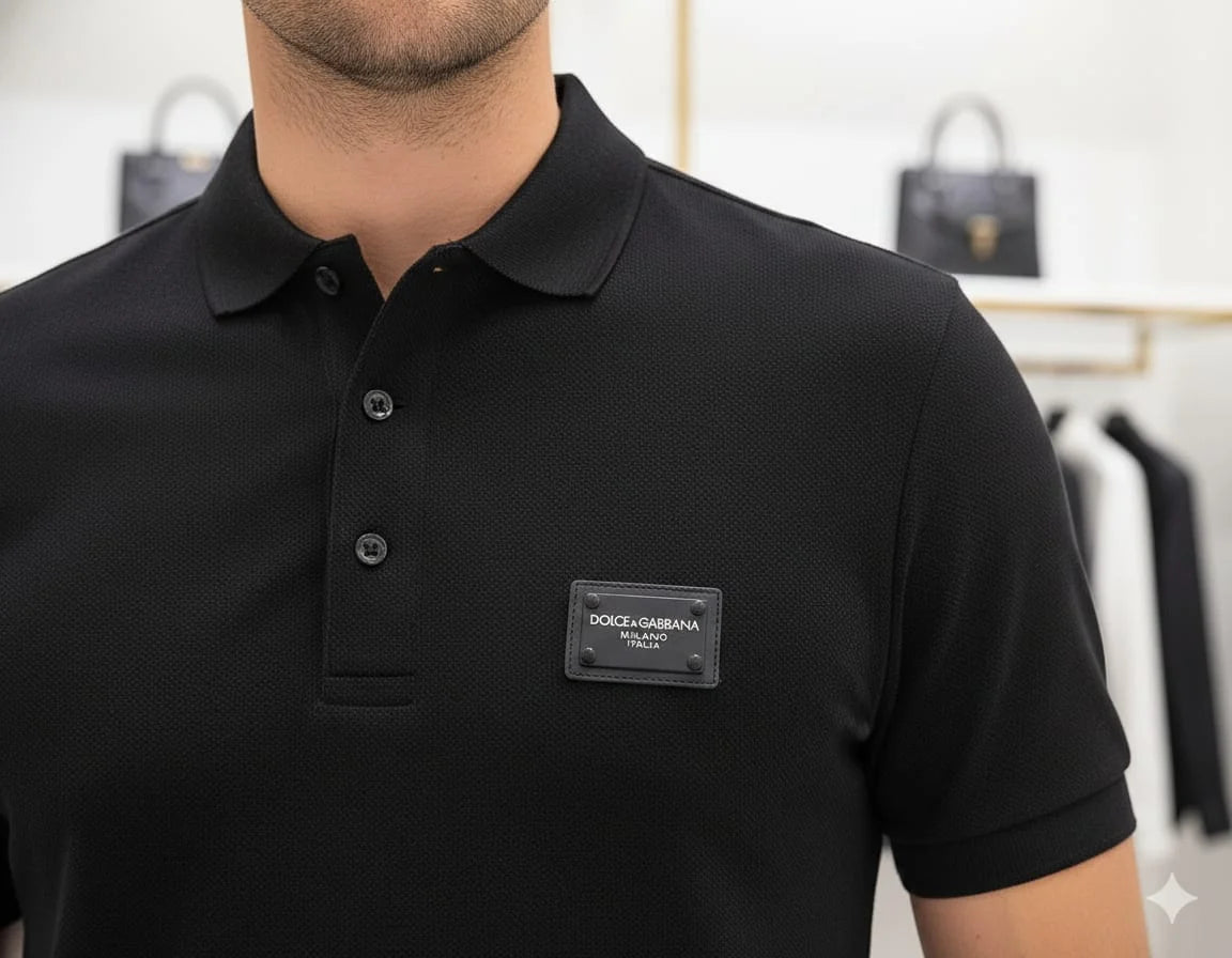 DOLCE & GABBANA || Men's Black Piqué Polo Shirt with Signature Logo Patch