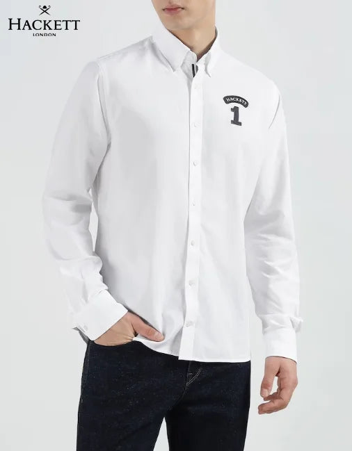 HACKETT LONDON || Men's Number 1 Patch Slim-Fit Cotton Shirt – White & Black