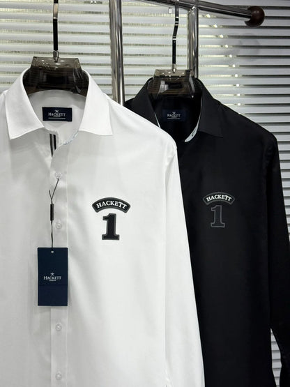 HACKETT LONDON || Men's Number 1 Patch Slim-Fit Cotton Shirt – White & Black