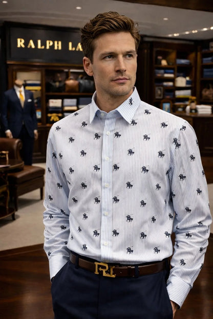POLO RALPH LAUREN || Men's Custom Slim Fit Striped Shirt with All-Over Pony Motif