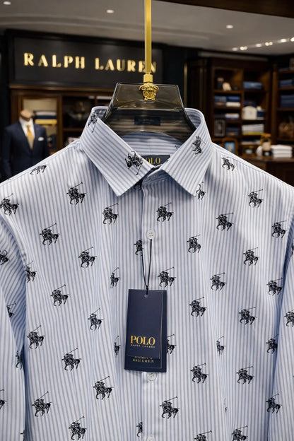 POLO RALPH LAUREN || Men's Custom Slim Fit Striped Shirt with All-Over Pony Motif