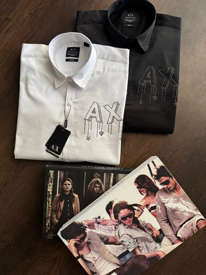 ARM*NI EXCH*NGE || Men’s Slim-Fit Long Sleeve Shirt with Studded AX Logo