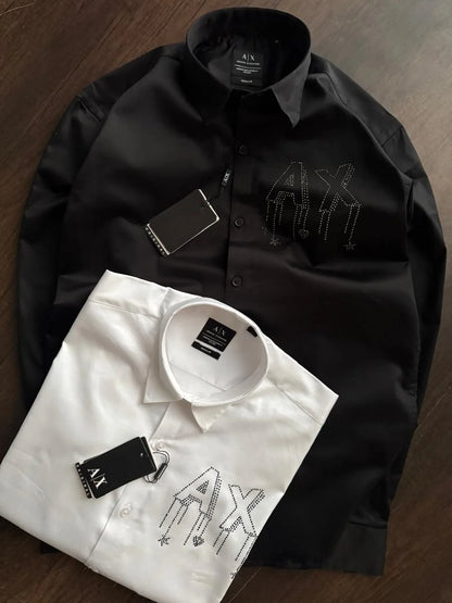 ARM*NI EXCH*NGE || Men’s Slim-Fit Long Sleeve Shirt with Studded AX Logo