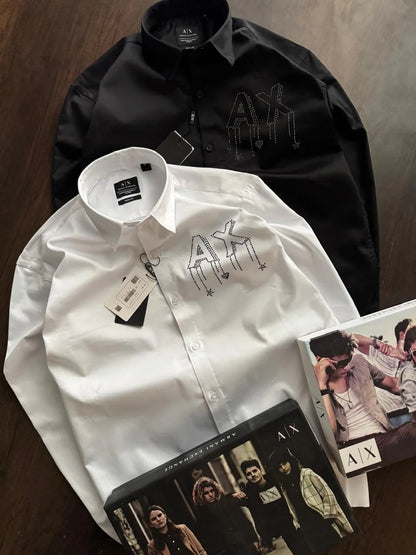 ARM*NI EXCH*NGE || Men’s Slim-Fit Long Sleeve Shirt with Studded AX Logo