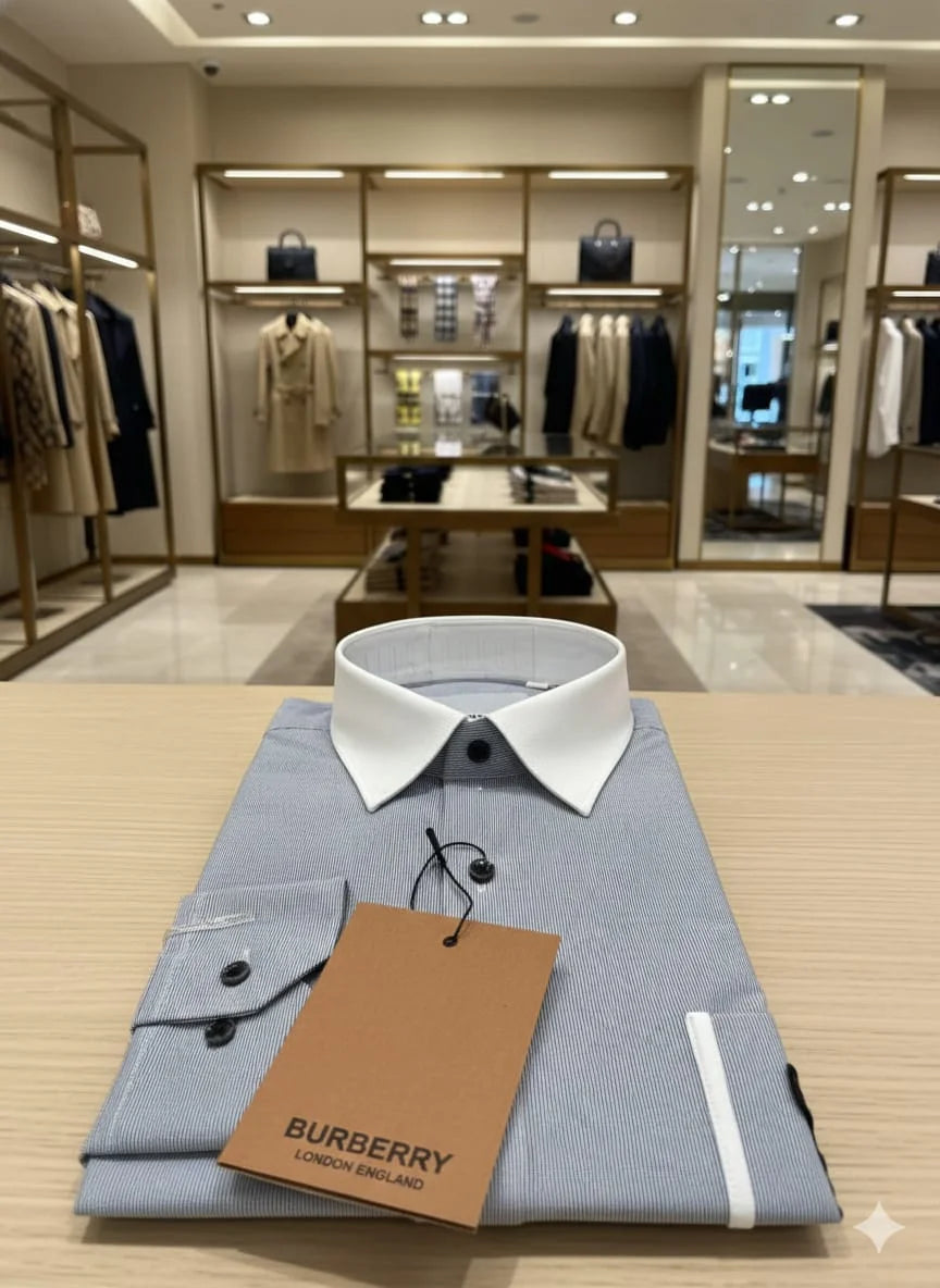 BURBERRY || Men’s TB Monogram Striped Cotton Shirt – Light Blue/White Contrast Collar