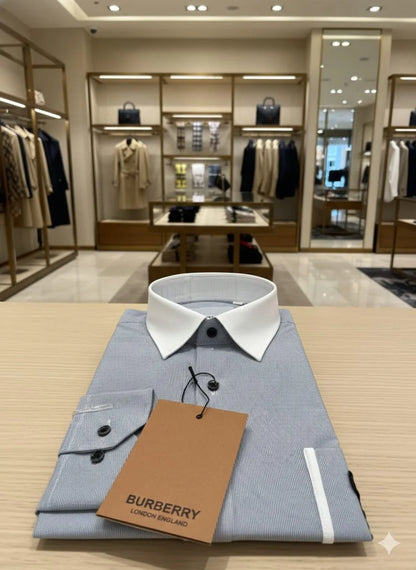 BURBERRY || Men’s TB Monogram Striped Cotton Shirt – Light Blue/White Contrast Collar