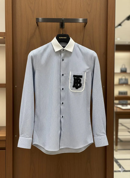 BURBERRY || Men’s TB Monogram Striped Cotton Shirt – Light Blue/White Contrast Collar