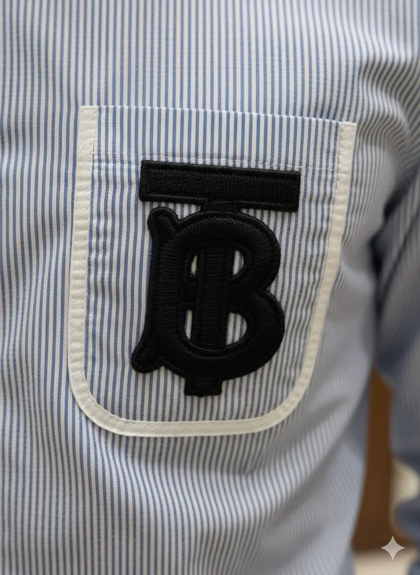 BURBERRY || Men’s TB Monogram Striped Cotton Shirt – Light Blue/White Contrast Collar