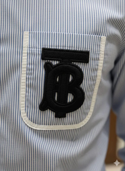 BURBERRY || Men’s TB Monogram Striped Cotton Shirt – Light Blue/White Contrast Collar