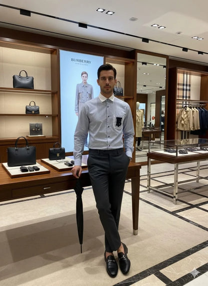 BURBERRY || Men’s TB Monogram Striped Cotton Shirt – Light Blue/White Contrast Collar