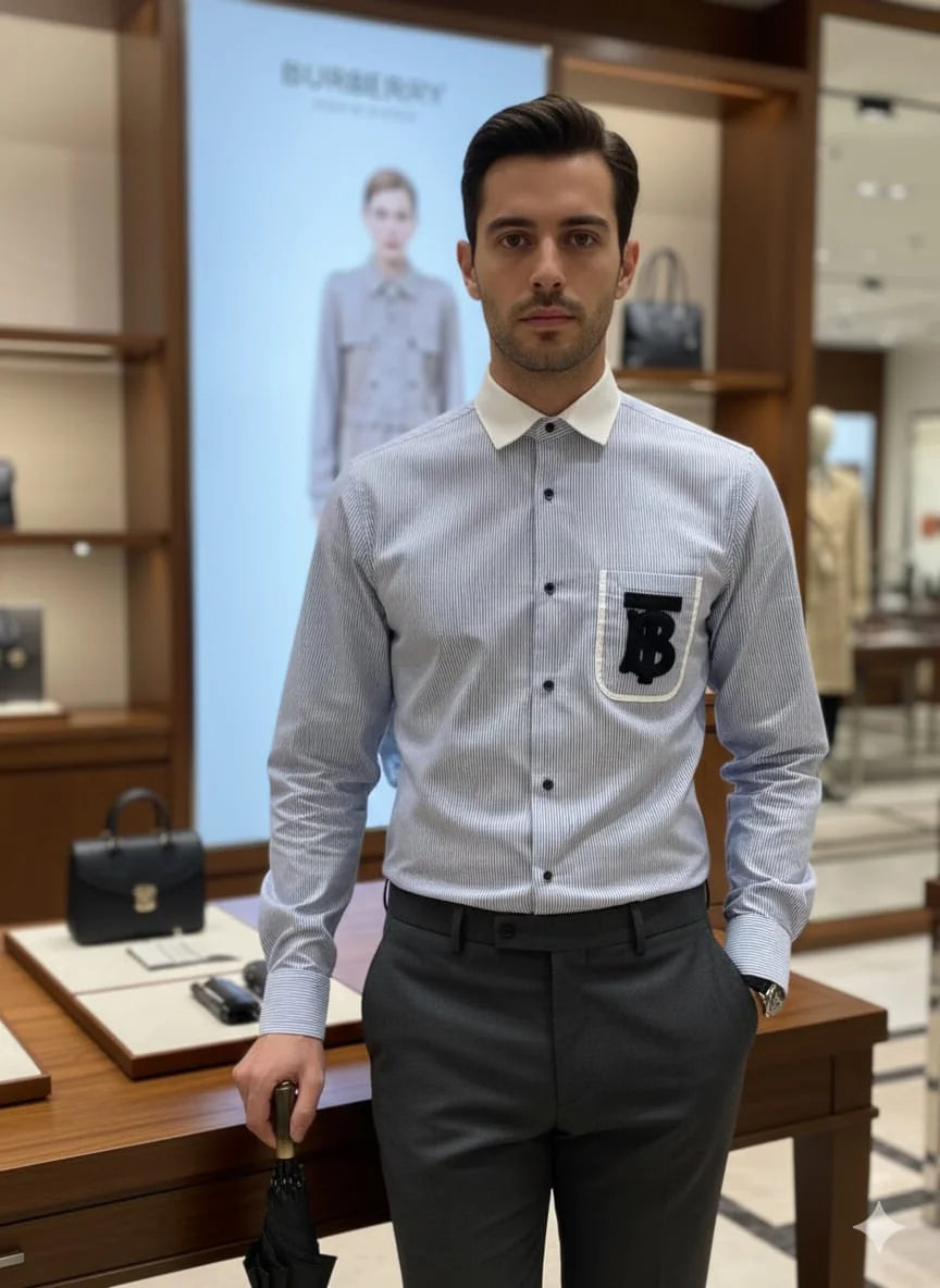 BURBERRY || Men’s TB Monogram Striped Cotton Shirt – Light Blue/White Contrast Collar