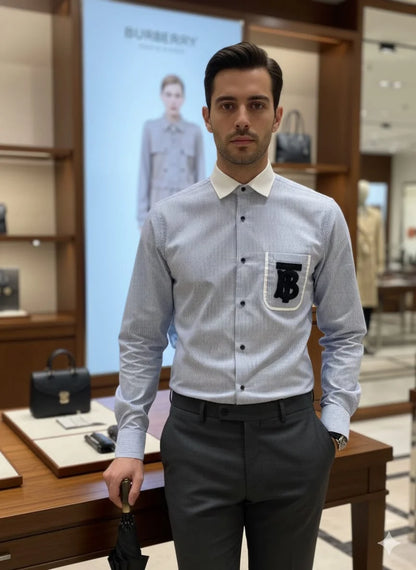 BURBERRY || Men’s TB Monogram Striped Cotton Shirt – Light Blue/White Contrast Collar