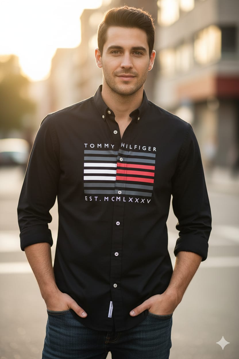 TOMMY HILFIGER || Men’s Heritage Graphic Long-Sleeve Shirt – Slim Fit Button-Down