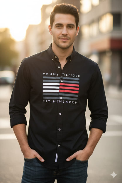 TOMMY HILFIGER || Men’s Heritage Graphic Long-Sleeve Shirt – Slim Fit Button-Down