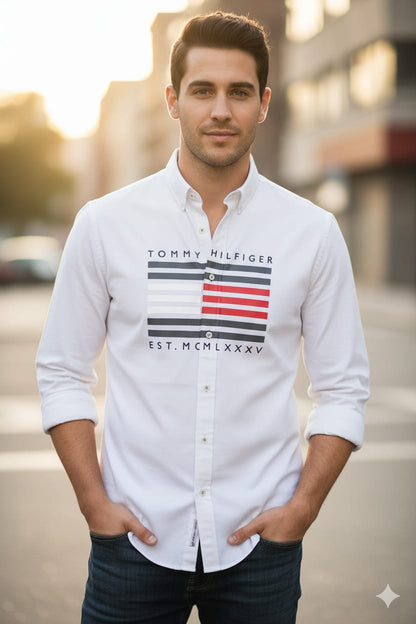 TOMMY HILFIGER || Men’s Heritage Graphic Long-Sleeve Shirt – Slim Fit Button-Down