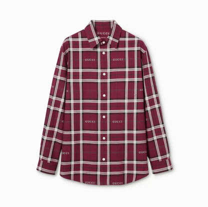 GUCCI || Logo Embroidered Plaid Flannel Shirt – Luxury Checked Button-Down (Burgundy, Navy, Forest Green)