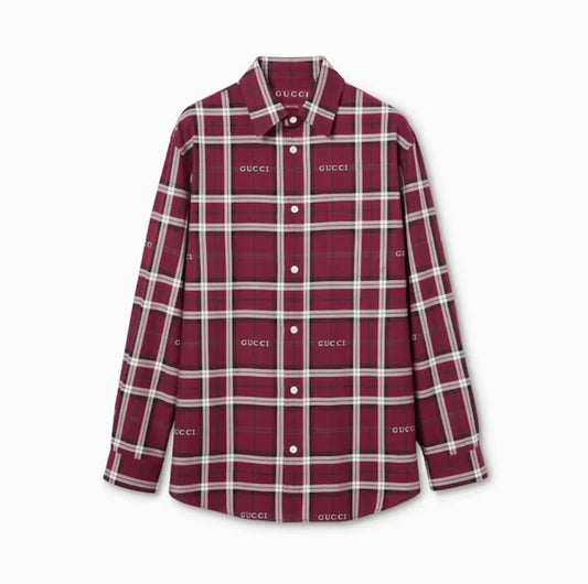GUCCI || Logo Embroidered Plaid Flannel Shirt – Luxury Checked Button-Down (Burgundy, Navy, Forest Green)