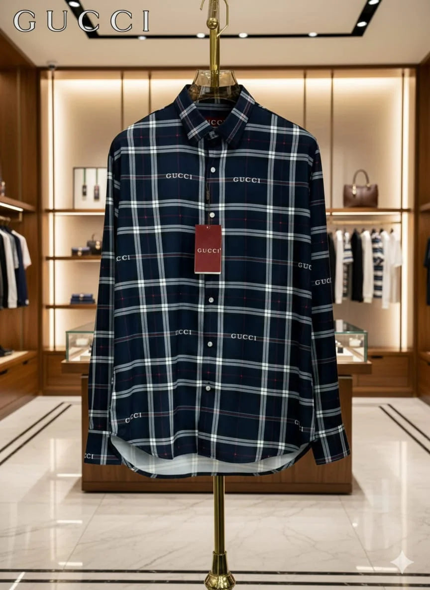 GUCCI || Logo Embroidered Plaid Flannel Shirt – Luxury Checked Button-Down (Burgundy, Navy, Forest Green)