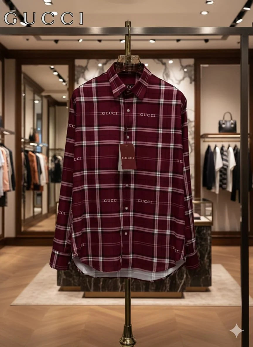 GUCCI || Logo Embroidered Plaid Flannel Shirt – Luxury Checked Button-Down (Burgundy, Navy, Forest Green)