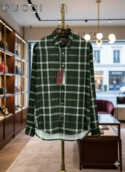 GUCCI || Logo Embroidered Plaid Flannel Shirt – Luxury Checked Button-Down (Burgundy, Navy, Forest Green)