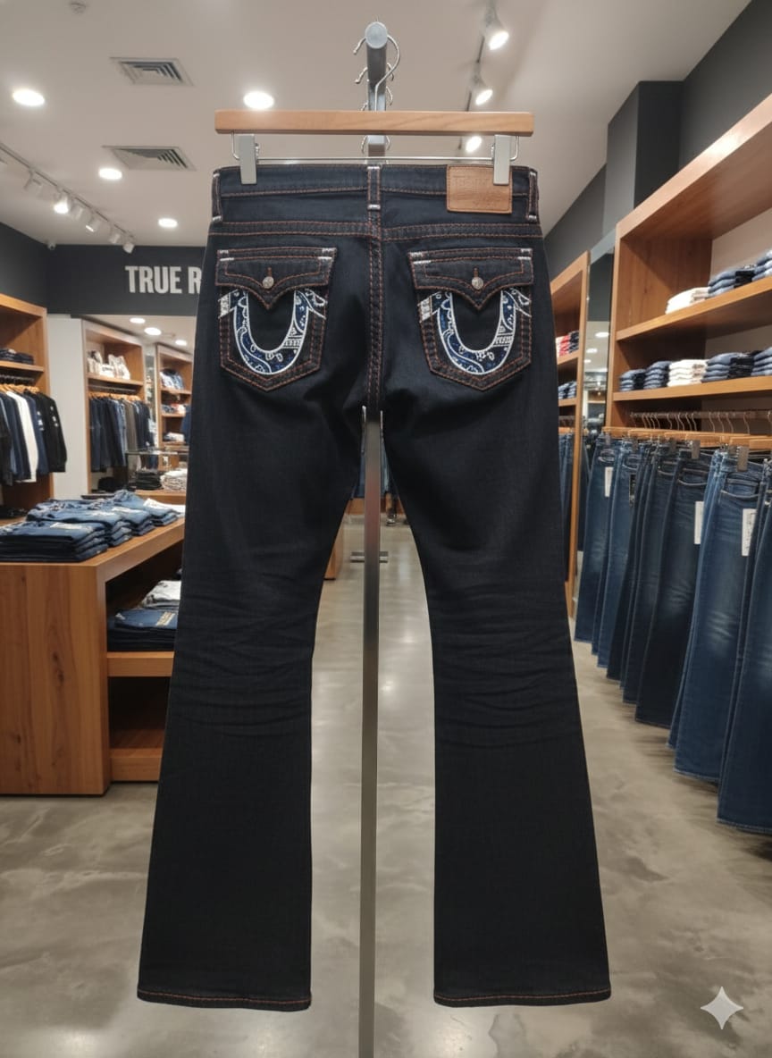 TRUE RELIGION || Men's Ricky Super T Straight Fit Jeans - Indigo with Paisley Horseshoe