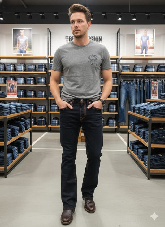 TRUE RELIGION || Men's Ricky Super T Straight Fit Jeans - Indigo with Paisley Horseshoe