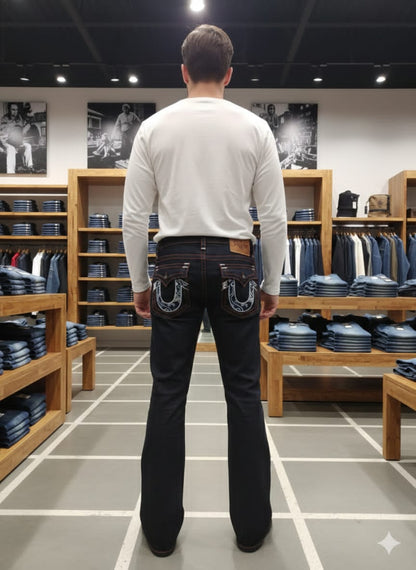 TRUE RELIGION || Men's Ricky Super T Straight Fit Jeans - Indigo with Paisley Horseshoe