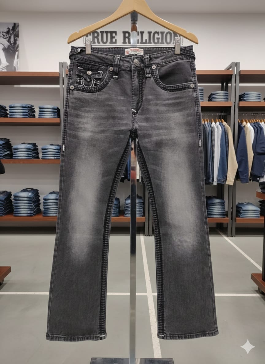 TRUE RELIGION || Men's Ricky Super T Straight Fit Jeans - Grey Paisley Buddha Wash