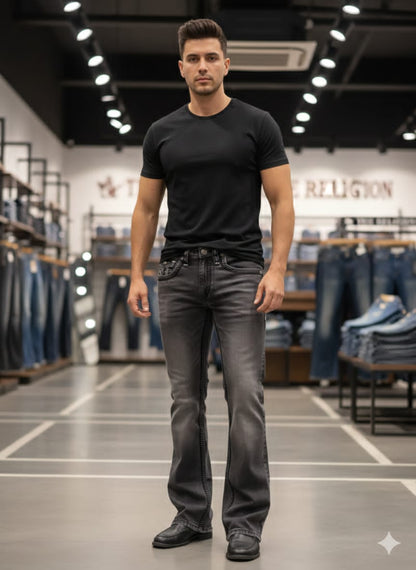 TRUE RELIGION || Men's Ricky Super T Straight Fit Jeans - Grey Paisley Buddha Wash