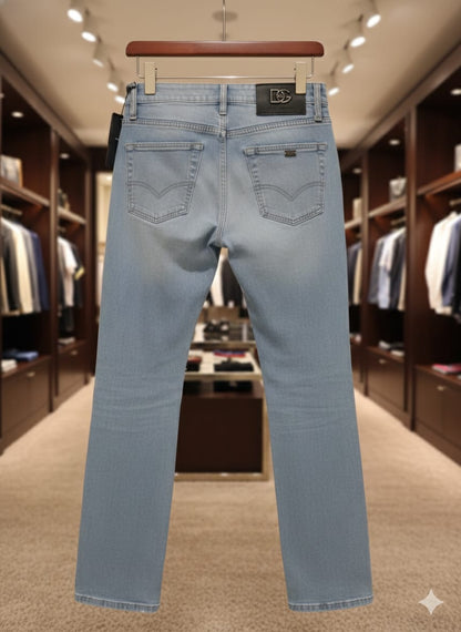 DOLCE & GABBANA || Men's Light Wash Slim-Fit Jeans with Signature DG Logo Plaque