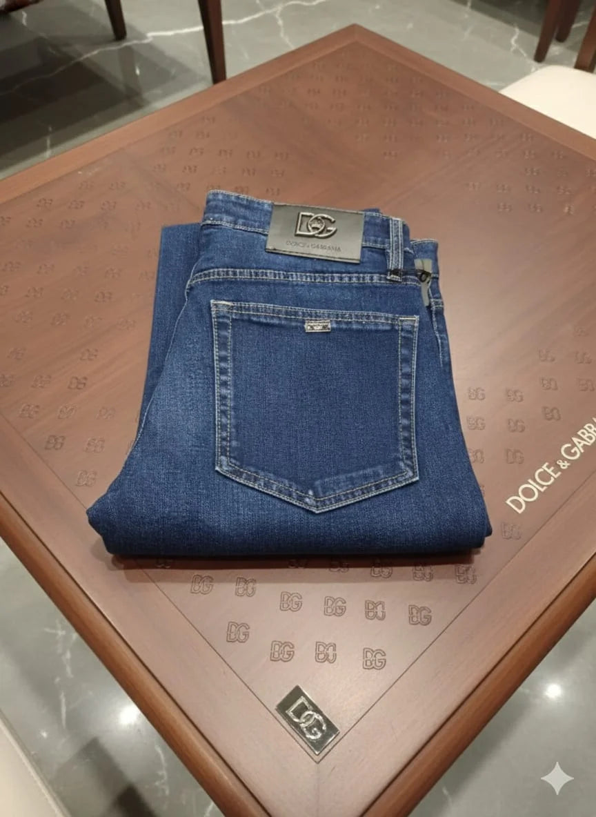 DOLCE & GABBANA || Men's Slim-Fit Dark Wash Denim Jeans with Signature Logo Plaque