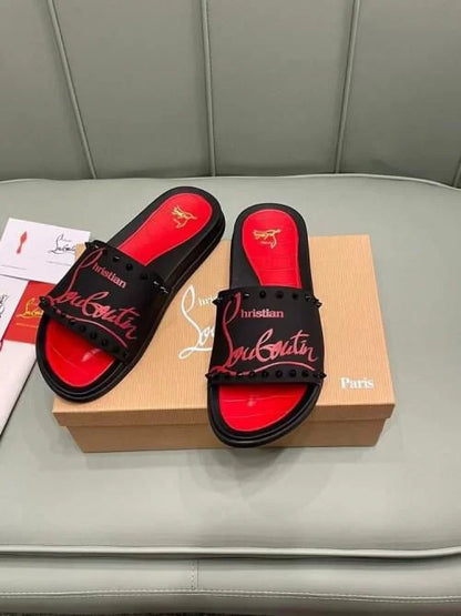 CHRISTIAN LOUBOUTIN || Loubi Flip Spikes Black/Red Slides – Luxury Men’s Rubber Sandals