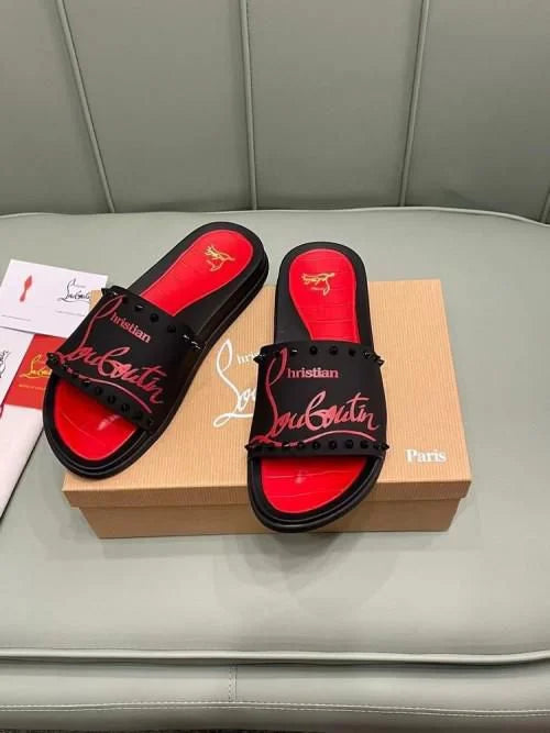 CHRISTIAN LOUBOUTIN || Loubi Flip Spikes Black/Red Slides – Luxury Men’s Rubber Sandals