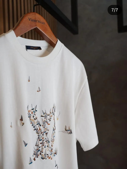 LOUIS VUITTON || Sailboat Embroidered LV Logo T-Shirt - White Luxury Tee
