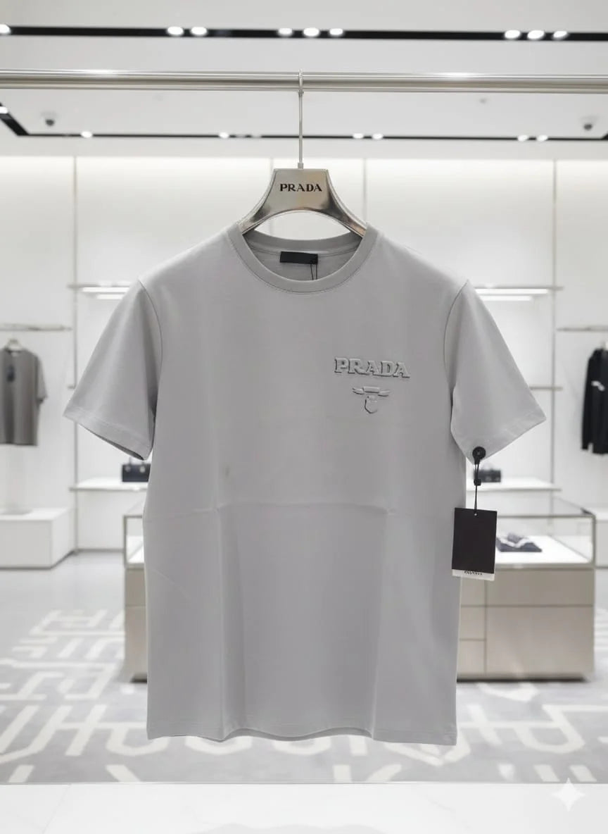 PRADA || Men’s Embossed Logo Cotton Crewneck T-Shirt – Luxury Slim Fit Tee