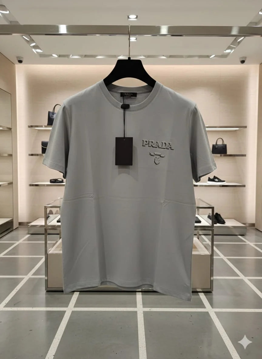 PRADA || Men’s Embossed Logo Cotton Crewneck T-Shirt – Luxury Slim Fit Tee