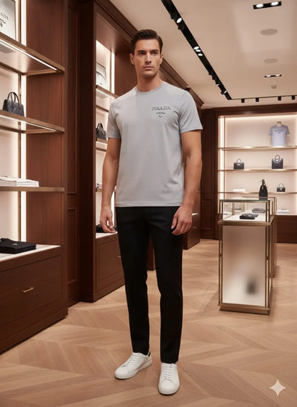 PRADA || Men’s Embossed Logo Cotton Crewneck T-Shirt – Luxury Slim Fit Tee
