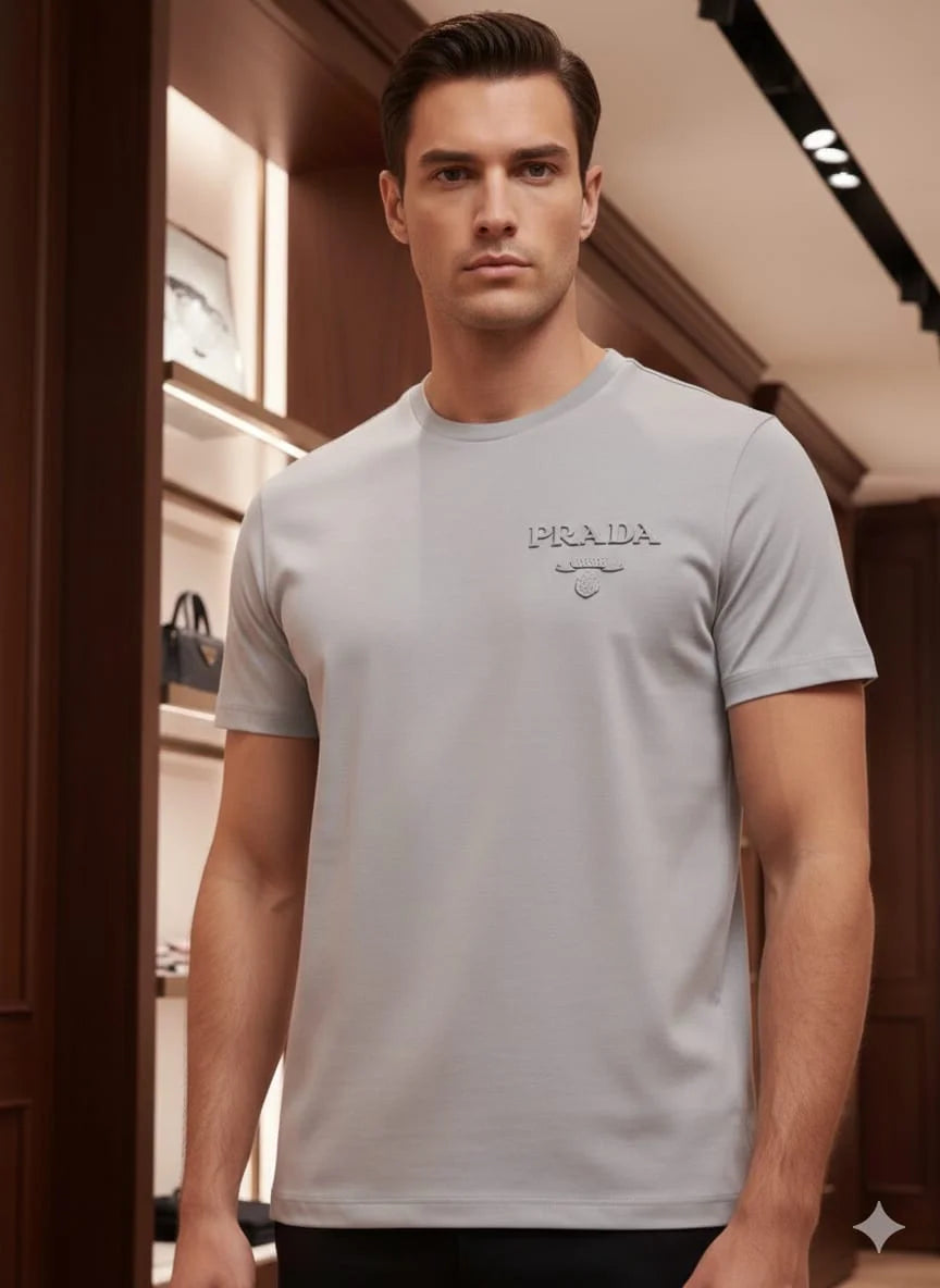 PRADA || Men’s Embossed Logo Cotton Crewneck T-Shirt – Luxury Slim Fit Tee
