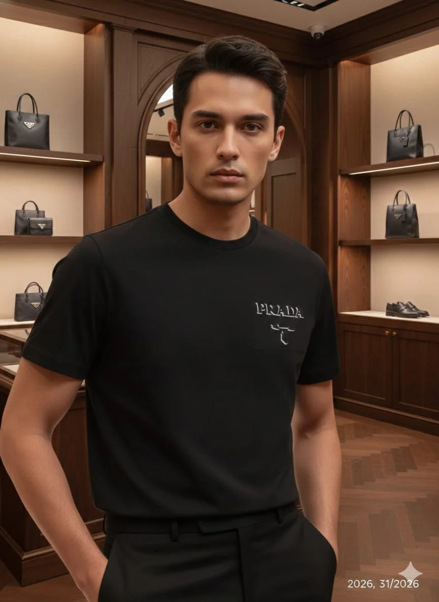 PRADA || Men’s Embossed Logo Cotton Crewneck T-Shirt – Luxury Slim Fit Tee