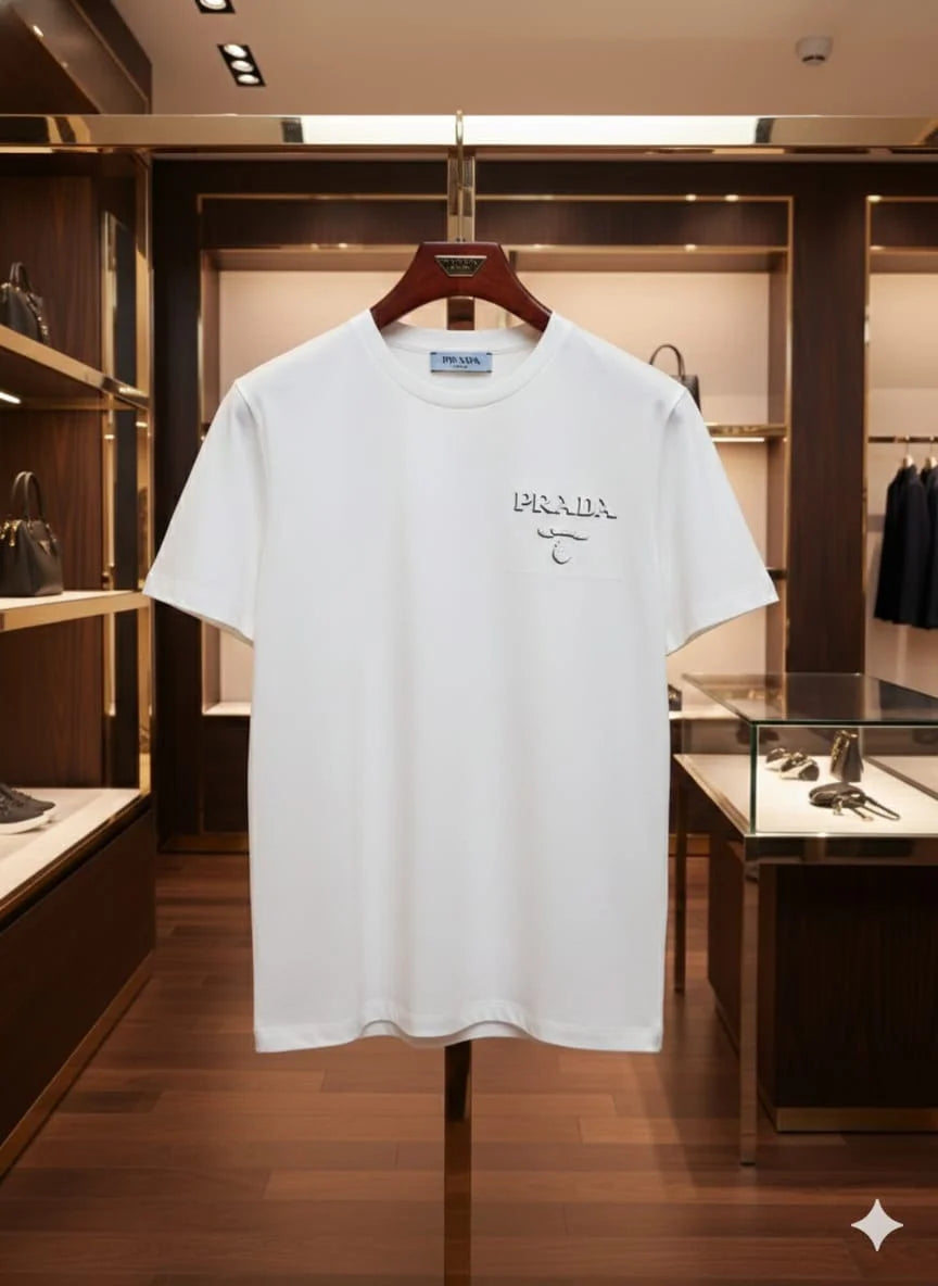 PRADA || Men’s Embossed Logo Cotton Crewneck T-Shirt – Luxury Slim Fit Tee