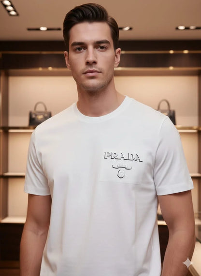 PRADA || Men’s Embossed Logo Cotton Crewneck T-Shirt – Luxury Slim Fit Tee