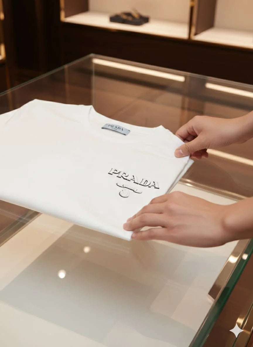 PRADA || Men’s Embossed Logo Cotton Crewneck T-Shirt – Luxury Slim Fit Tee