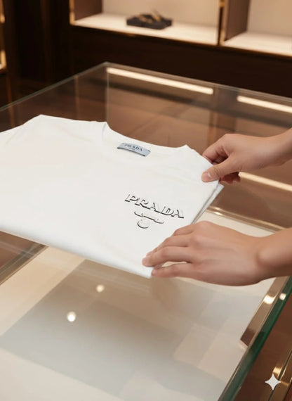 PRADA || Men’s Embossed Logo Cotton Crewneck T-Shirt – Luxury Slim Fit Tee