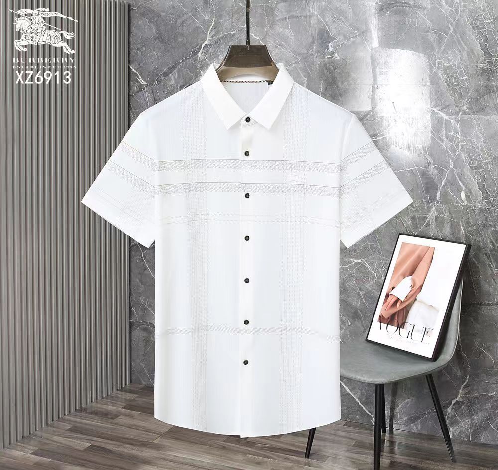 BURBERRY || Men’s Short-Sleeve Casual Button-Down Shirt – Horizontal Textured Stripe Detail