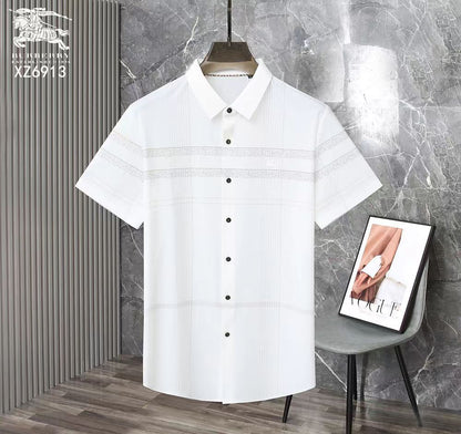 BURBERRY || Men’s Short-Sleeve Casual Button-Down Shirt – Horizontal Textured Stripe Detail