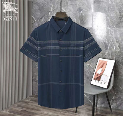 BURBERRY || Men’s Short-Sleeve Casual Button-Down Shirt – Horizontal Textured Stripe Detail